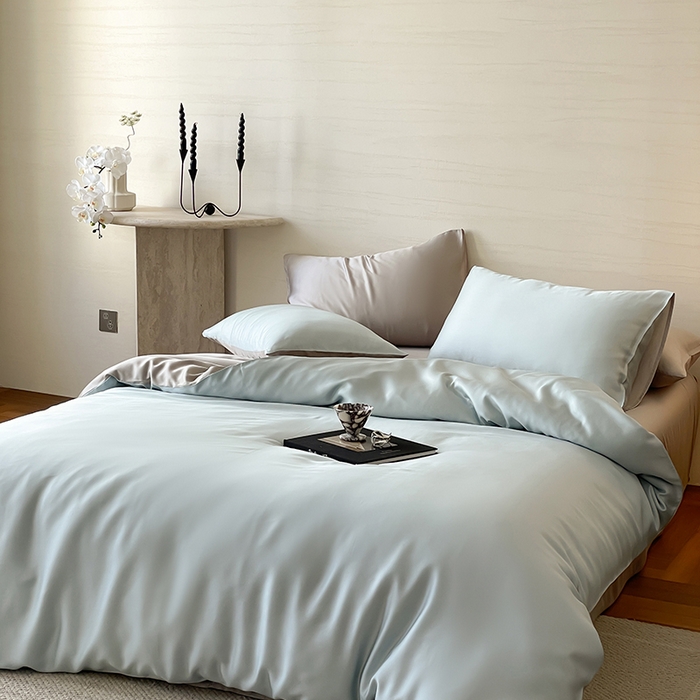 91家纺网 家纺一手货源 找家纺 威克凯丽 2025新款60支纯色兰精天丝四件套--风格二 映霜蓝-霜华银