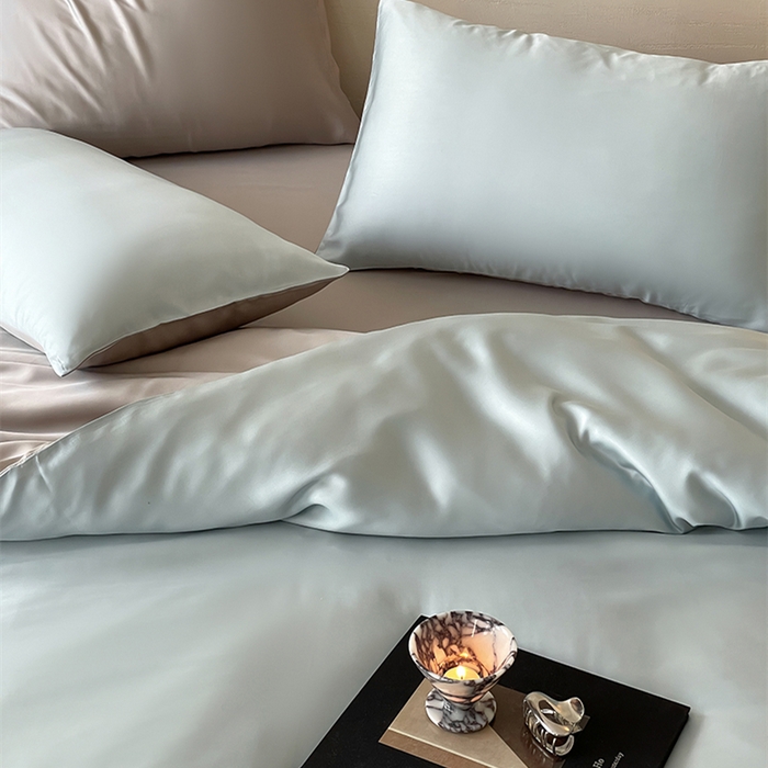 91家纺网 家纺一手货源 找家纺 威克凯丽 2025新款60支纯色兰精天丝四件套--风格二 映霜蓝-霜华银