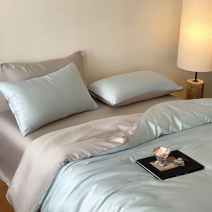 91家纺网 家纺一手货源 找家纺 威克凯丽 2025新款60支纯色兰精天丝四件套--风格二 映霜蓝-霜华银