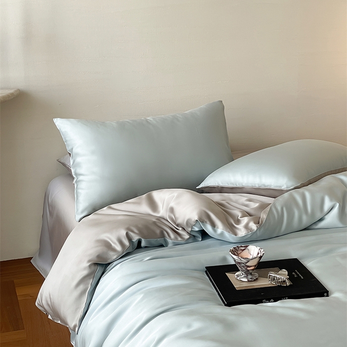 91家纺网 家纺一手货源 找家纺 威克凯丽 2025新款60支纯色兰精天丝四件套--风格二 映霜蓝-霜华银