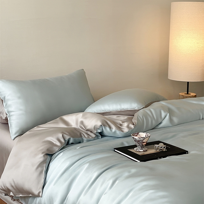 91家纺网 家纺一手货源 找家纺 威克凯丽 2025新款60支纯色兰精天丝四件套--风格二 映霜蓝-霜华银