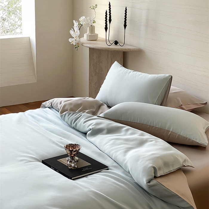 91家纺网 家纺一手货源 找家纺 威克凯丽 2025新款60支纯色兰精天丝四件套--风格二 映霜蓝-霜华银