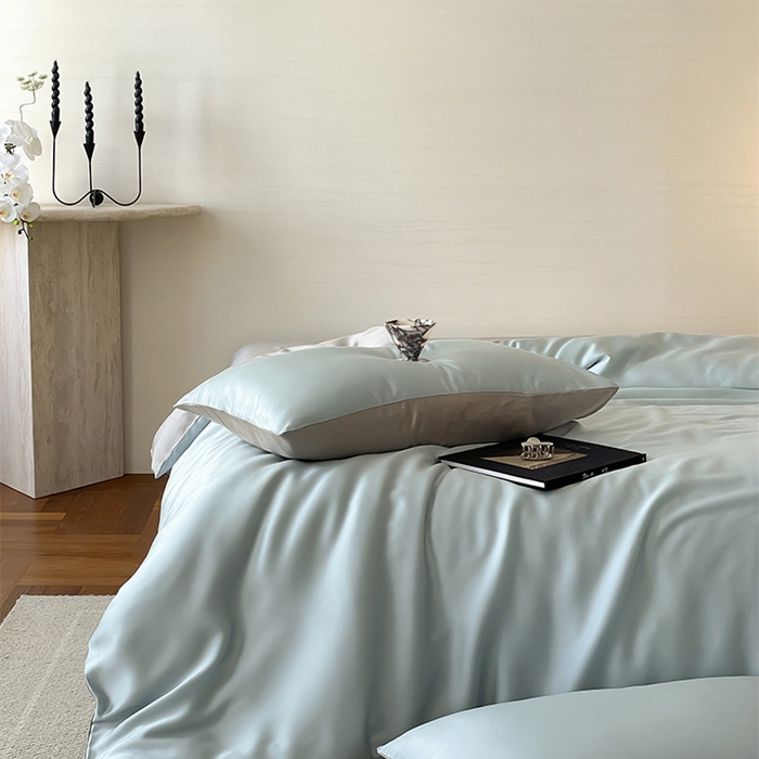 91家纺网 家纺一手货源 找家纺 威克凯丽 2025新款60支纯色兰精天丝四件套--风格二 映霜蓝-霜华银