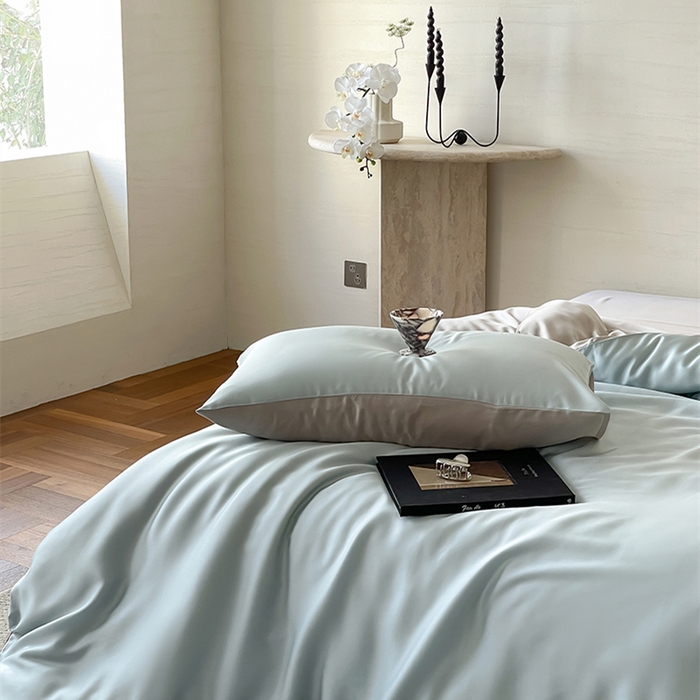 91家纺网 家纺一手货源 找家纺 威克凯丽 2025新款60支纯色兰精天丝四件套--风格二 映霜蓝-霜华银