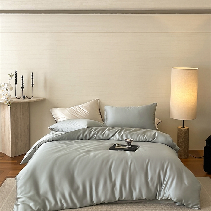 91家纺网 家纺一手货源 找家纺 威克凯丽 2025新款60支纯色兰精天丝四件套--风格二 云纱灰