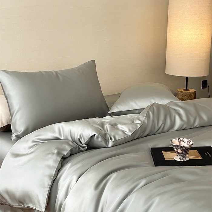 91家纺网 家纺一手货源 找家纺 威克凯丽 2025新款60支纯色兰精天丝四件套--风格二 云纱灰