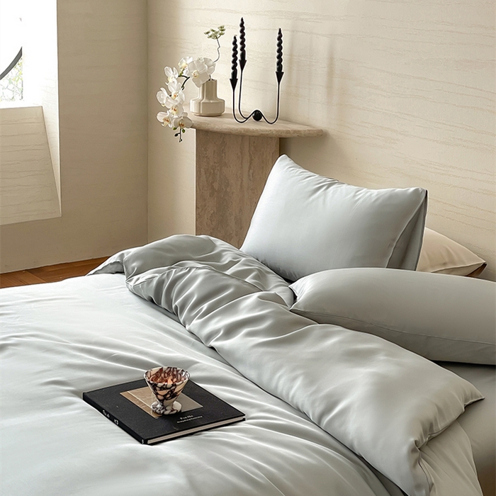 91家纺网 家纺一手货源 找家纺 威克凯丽 2025新款60支纯色兰精天丝四件套--风格二 云纱灰