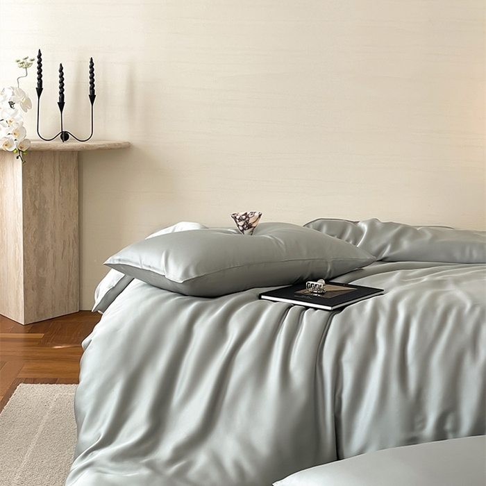 91家纺网 家纺一手货源 找家纺 威克凯丽 2025新款60支纯色兰精天丝四件套--风格二 云纱灰