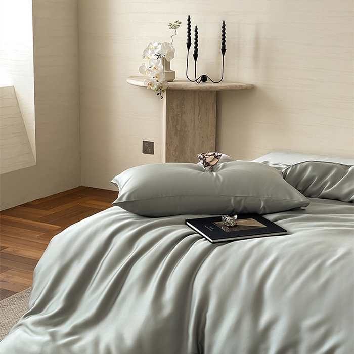 91家纺网 家纺一手货源 找家纺 威克凯丽 2025新款60支纯色兰精天丝四件套--风格二 云纱灰