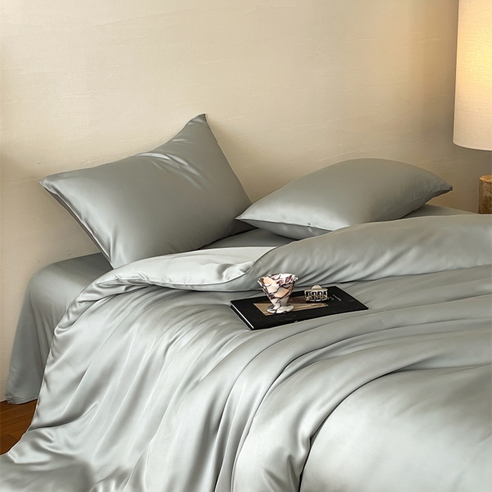 91家纺网 家纺一手货源 找家纺 威克凯丽 2025新款60支纯色兰精天丝四件套--风格二 云纱灰