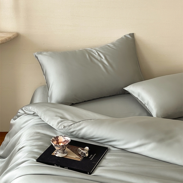 91家纺网 家纺一手货源 找家纺 威克凯丽 2025新款60支纯色兰精天丝四件套--风格二 云纱灰