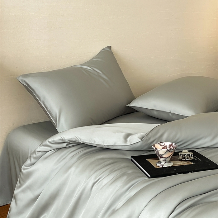 91家纺网 家纺一手货源 找家纺 威克凯丽 2025新款60支纯色兰精天丝四件套--风格二 云纱灰