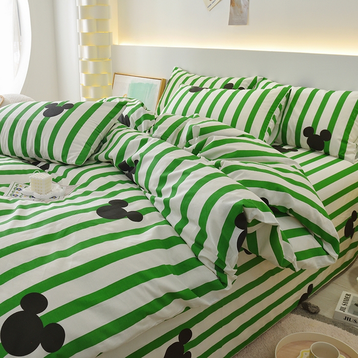 91家纺网 家纺一手货源 找家纺 启优家纺 2025新款13372全棉纯棉纯色四件套 条纹米奇-绿