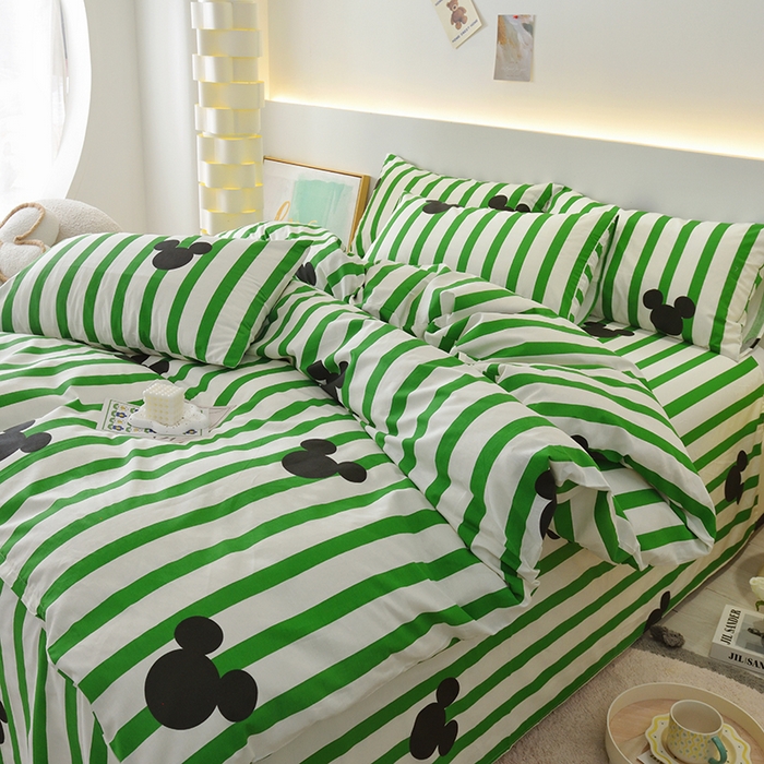 91家纺网 家纺一手货源 找家纺 启优家纺 2025新款13372全棉纯棉纯色四件套 条纹米奇-绿