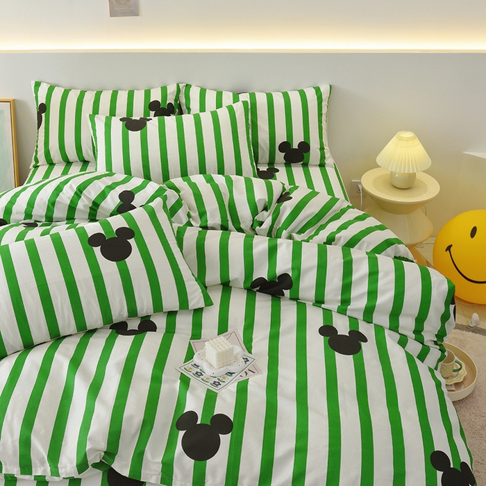 启优家纺 2025新款13372全棉纯棉纯色四件套 条纹米奇-绿