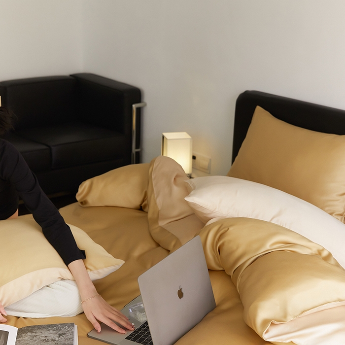 91家纺网 家纺一手货源 找家纺 威克凯丽 2025新款60支纯色兰精天丝四件套--风格二 芝士黄-沙茶色