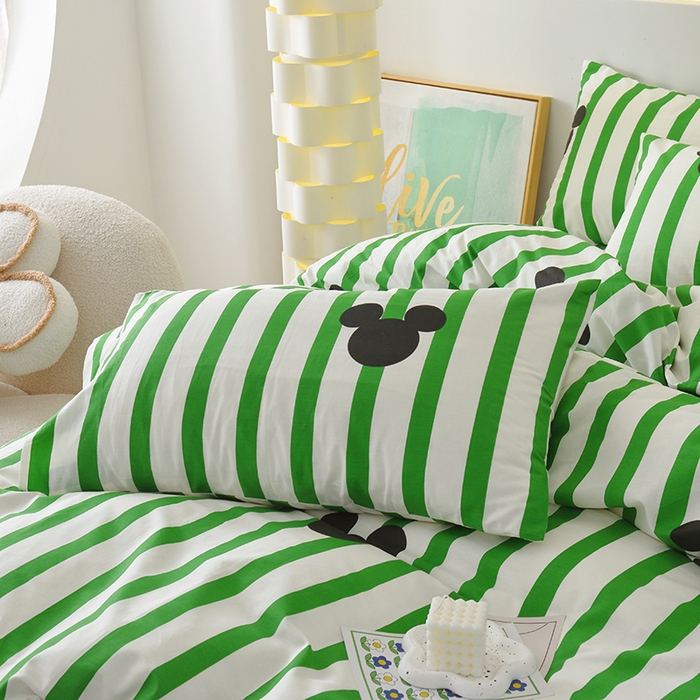 91家纺网 家纺一手货源 找家纺 启优家纺 2025新款13372全棉纯棉纯色四件套 条纹米奇-绿