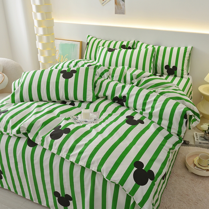 91家纺网 家纺一手货源 找家纺 启优家纺 2025新款13372全棉纯棉纯色四件套 条纹米奇-绿