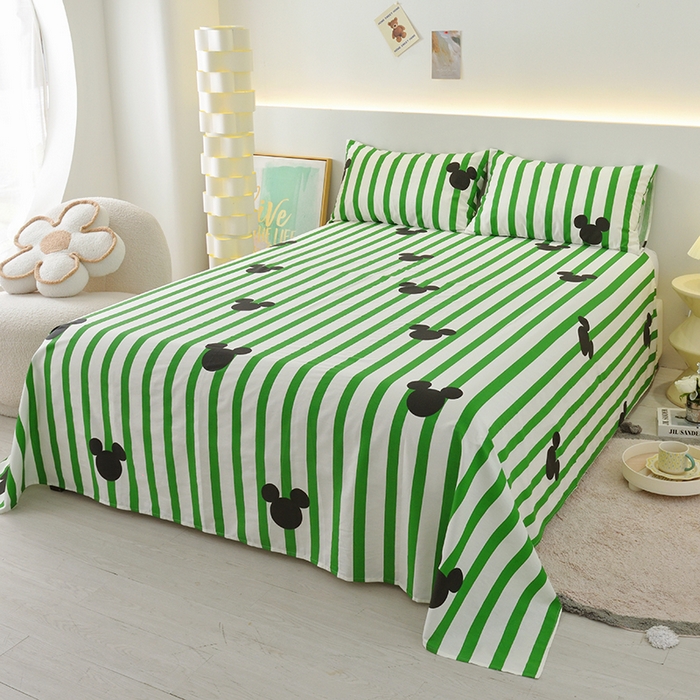 91家纺网 家纺一手货源 找家纺 启优家纺 2025新款13372全棉纯棉纯色四件套 条纹米奇-绿