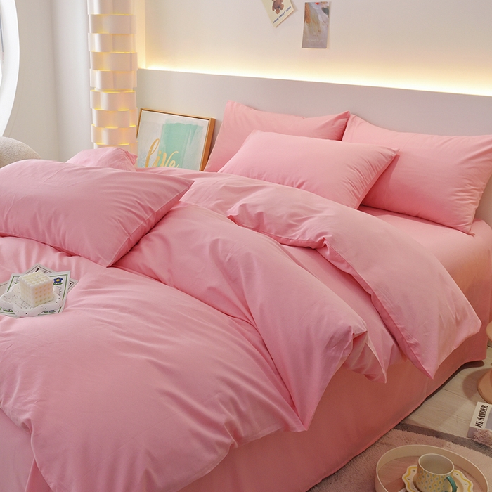 91家纺网 家纺一手货源 找家纺 启优家纺 2025新款13372全棉纯棉纯色四件套 樱花粉