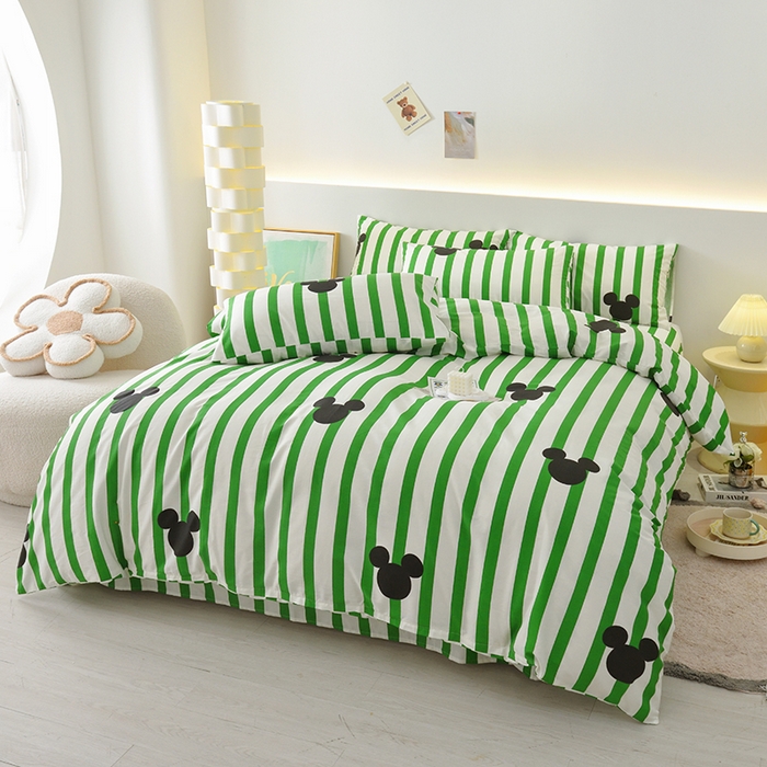 91家纺网 家纺一手货源 找家纺 启优家纺 2025新款13372全棉纯棉纯色四件套 条纹米奇-绿