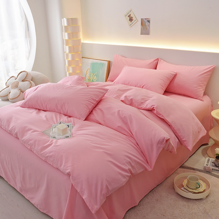 91家纺网 家纺一手货源 找家纺 启优家纺 2025新款13372全棉纯棉纯色四件套 樱花粉