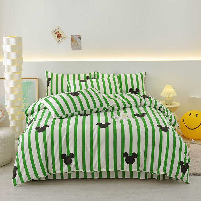 91家纺网 家纺一手货源 找家纺 启优家纺 2025新款13372全棉纯棉纯色四件套 条纹米奇-绿