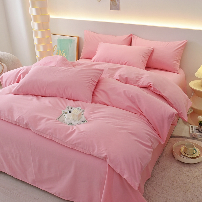 91家纺网 家纺一手货源 找家纺 启优家纺 2025新款13372全棉纯棉纯色四件套 樱花粉