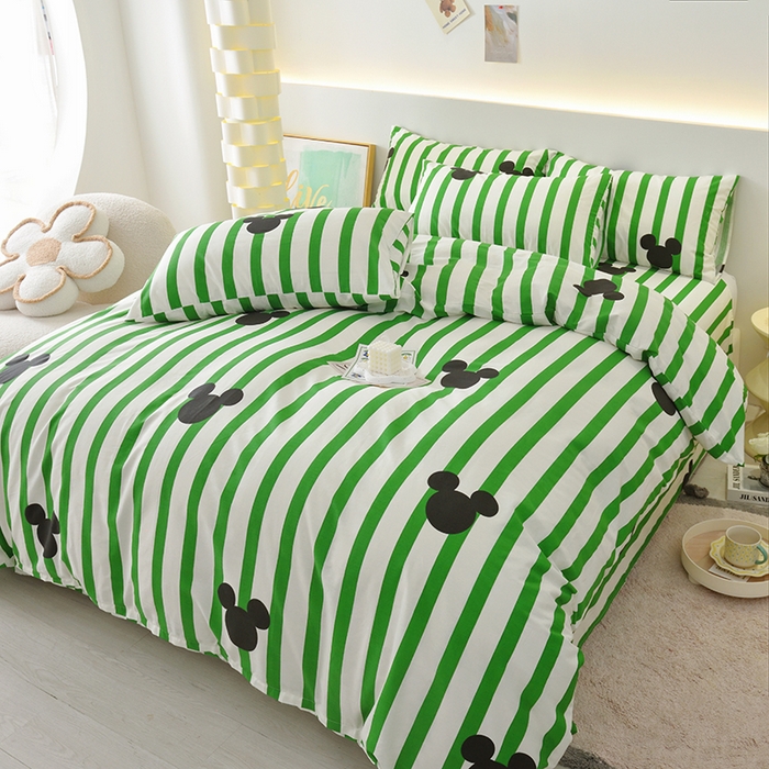 91家纺网 家纺一手货源 找家纺 启优家纺 2025新款13372全棉纯棉纯色四件套 条纹米奇-绿