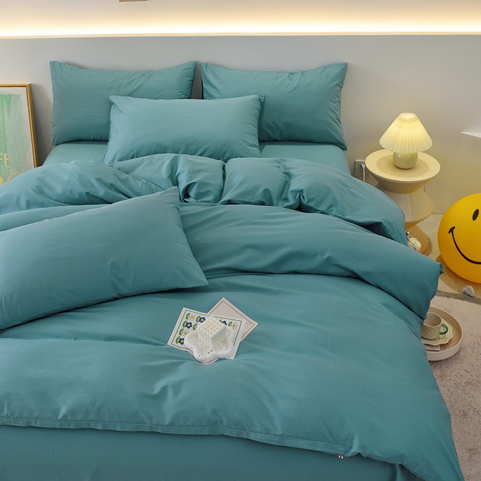 91家纺网 家纺一手货源 找家纺 启优家纺 2025新款13372全棉纯棉纯色四件套 海茵蓝