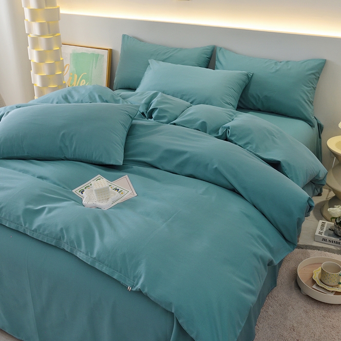 91家纺网 家纺一手货源 找家纺 启优家纺 2025新款13372全棉纯棉纯色四件套 海茵蓝