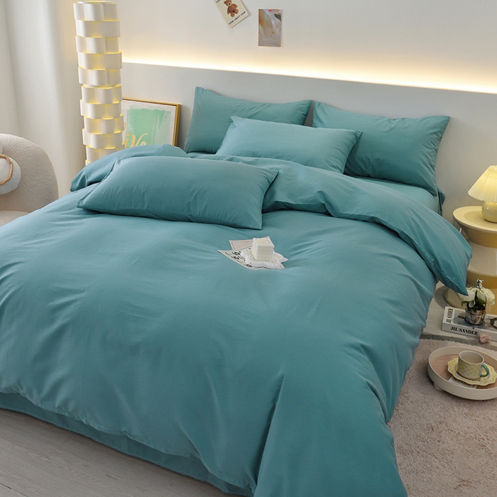 91家纺网 家纺一手货源 找家纺 启优家纺 2025新款13372全棉纯棉纯色四件套 海茵蓝