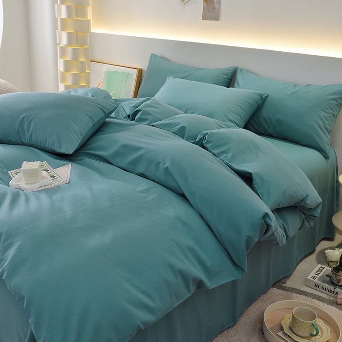 91家纺网 家纺一手货源 找家纺 启优家纺 2025新款13372全棉纯棉纯色四件套 海茵蓝