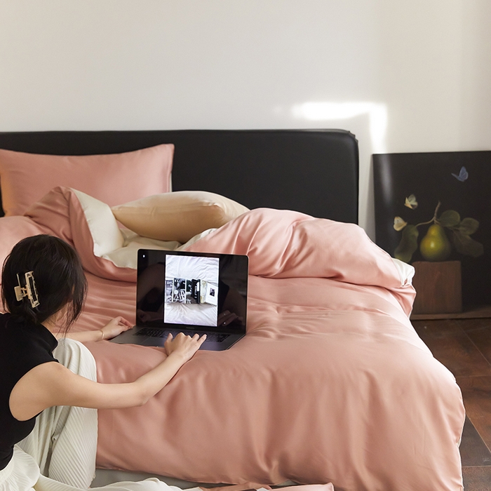 91家纺网 家纺一手货源 找家纺 威克凯丽 2025新款60支纯色兰精天丝四件套--风格二 芝芝桃桃-极地白