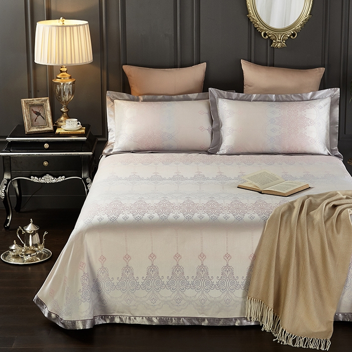 91家纺网 家纺一手货源 找家纺 威克凯丽 2025新款重磅七彩大提花纯竹纤维软凉席三件套 芙络斯