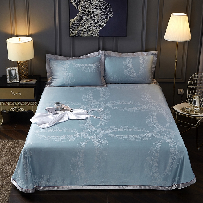 91家纺网 家纺一手货源 找家纺 威克凯丽 2025新款重磅七彩大提花纯竹纤维软凉席三件套 尼桑-蓝