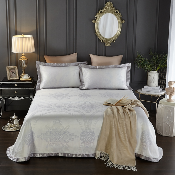 91家纺网 家纺一手货源 找家纺 威克凯丽 2025新款重磅七彩大提花纯竹纤维软凉席三件套 佩霖卡