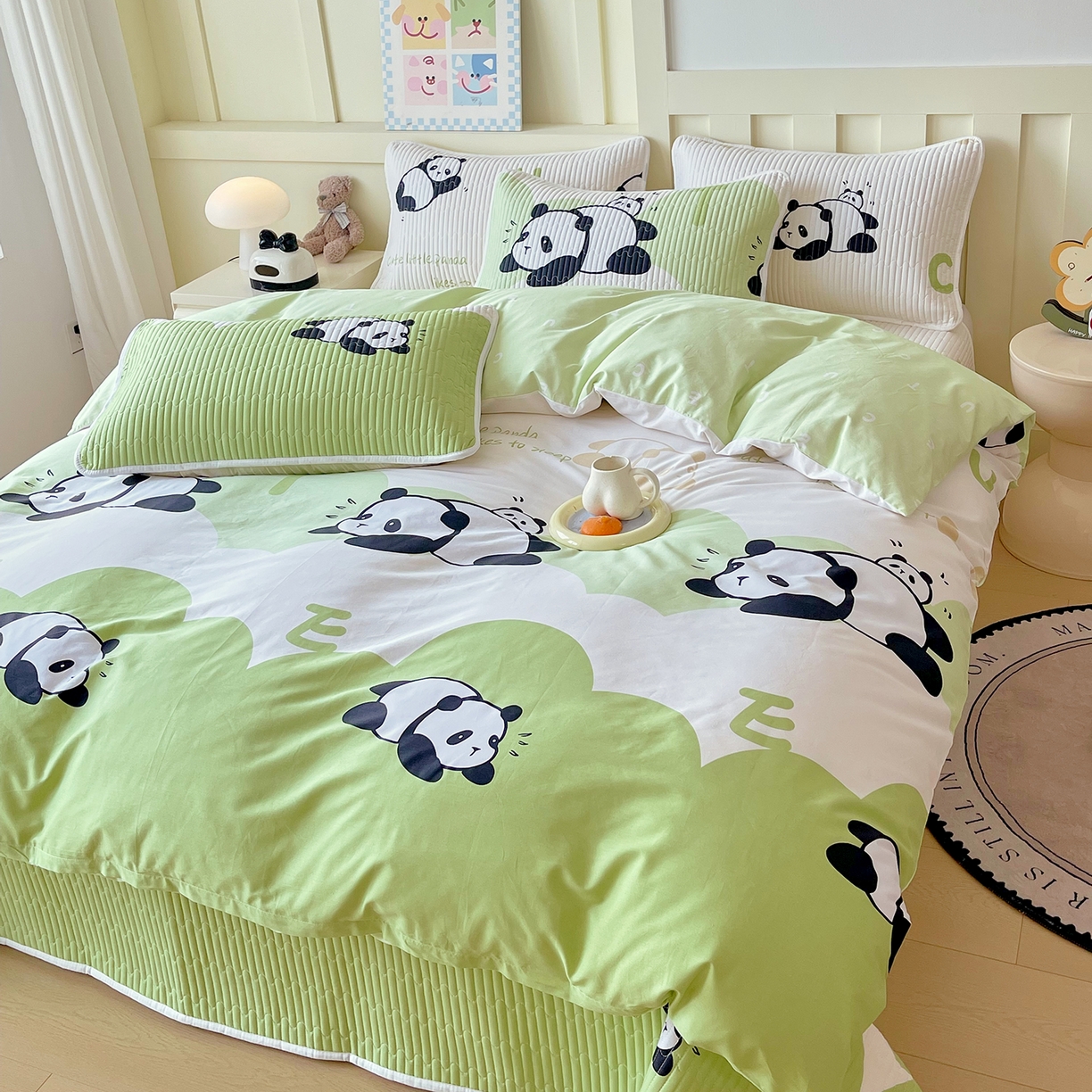 91家纺网 家纺一手货源 找家纺 金鑫汇家纺2025新款A类全棉印花床盖四件套 可爱熊猫