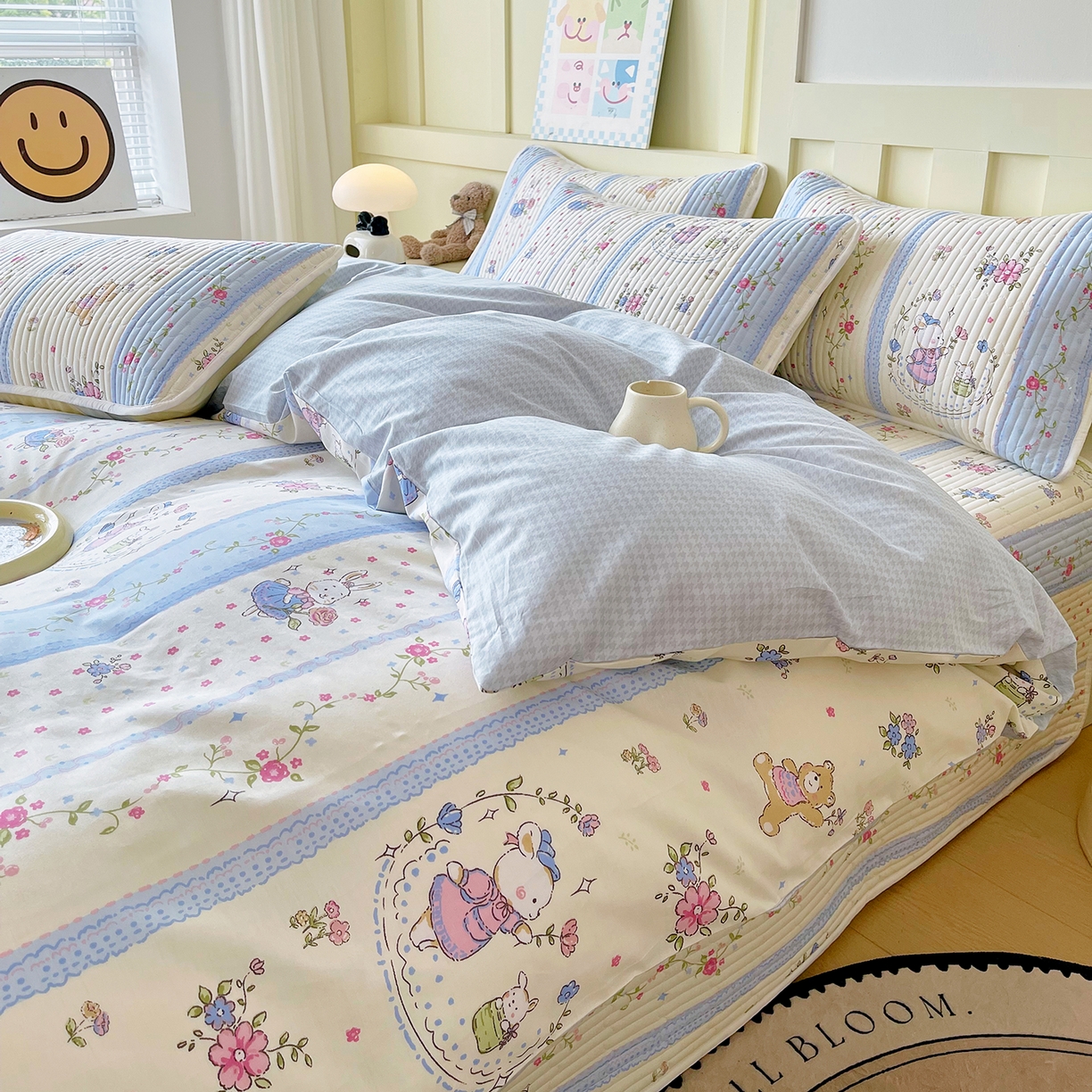 91家纺网 家纺一手货源 找家纺 金鑫汇家纺2025新款A类全棉印花床盖四件套 快乐萌兔