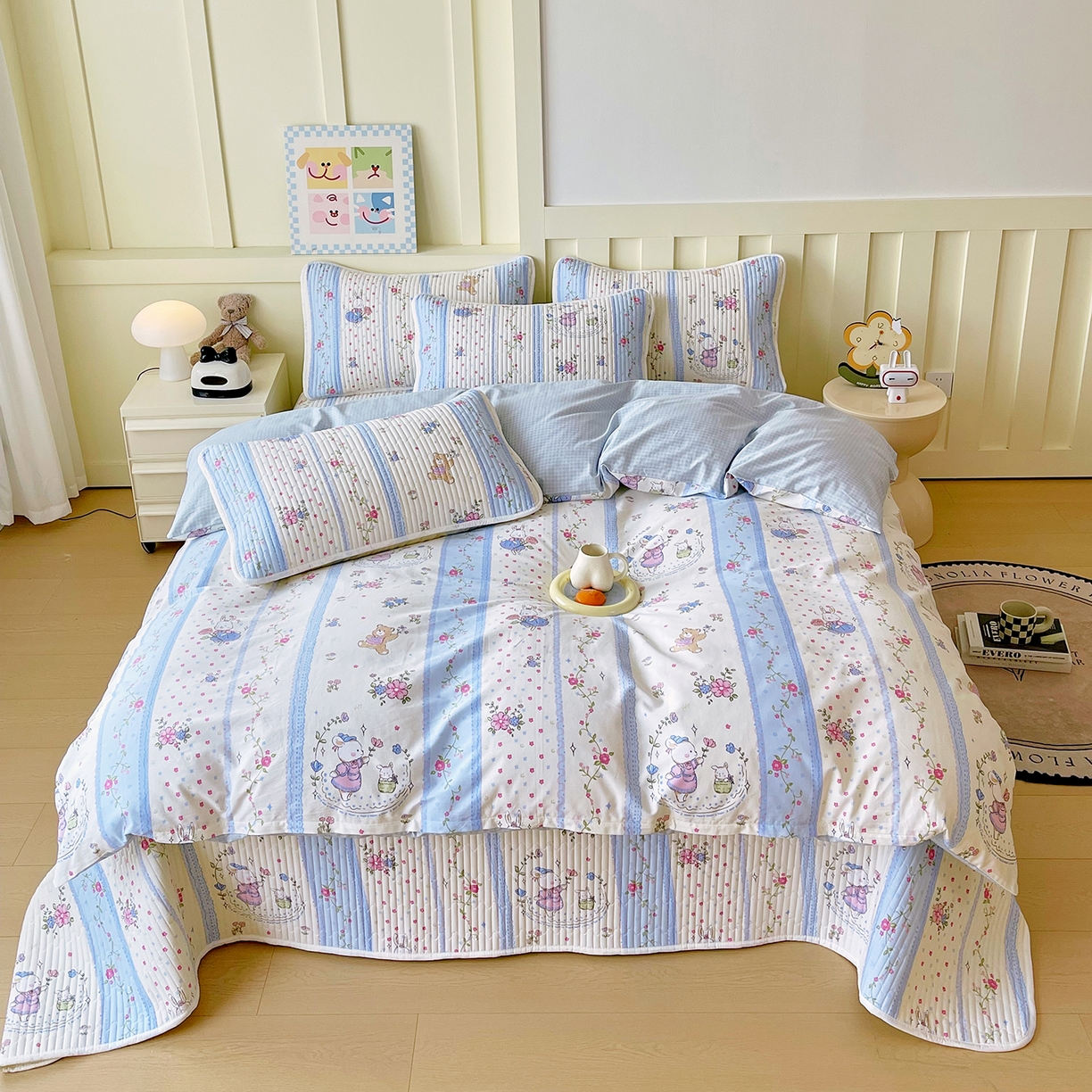 91家纺网 家纺一手货源 找家纺 金鑫汇家纺2025新款A类全棉印花床盖四件套 快乐萌兔