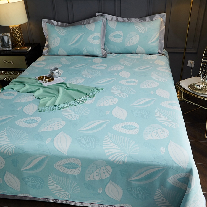 91家纺网 家纺一手货源 找家纺 威克凯丽 2025新款重磅七彩大提花纯竹纤维软凉席三件套 叶语谣香-绿