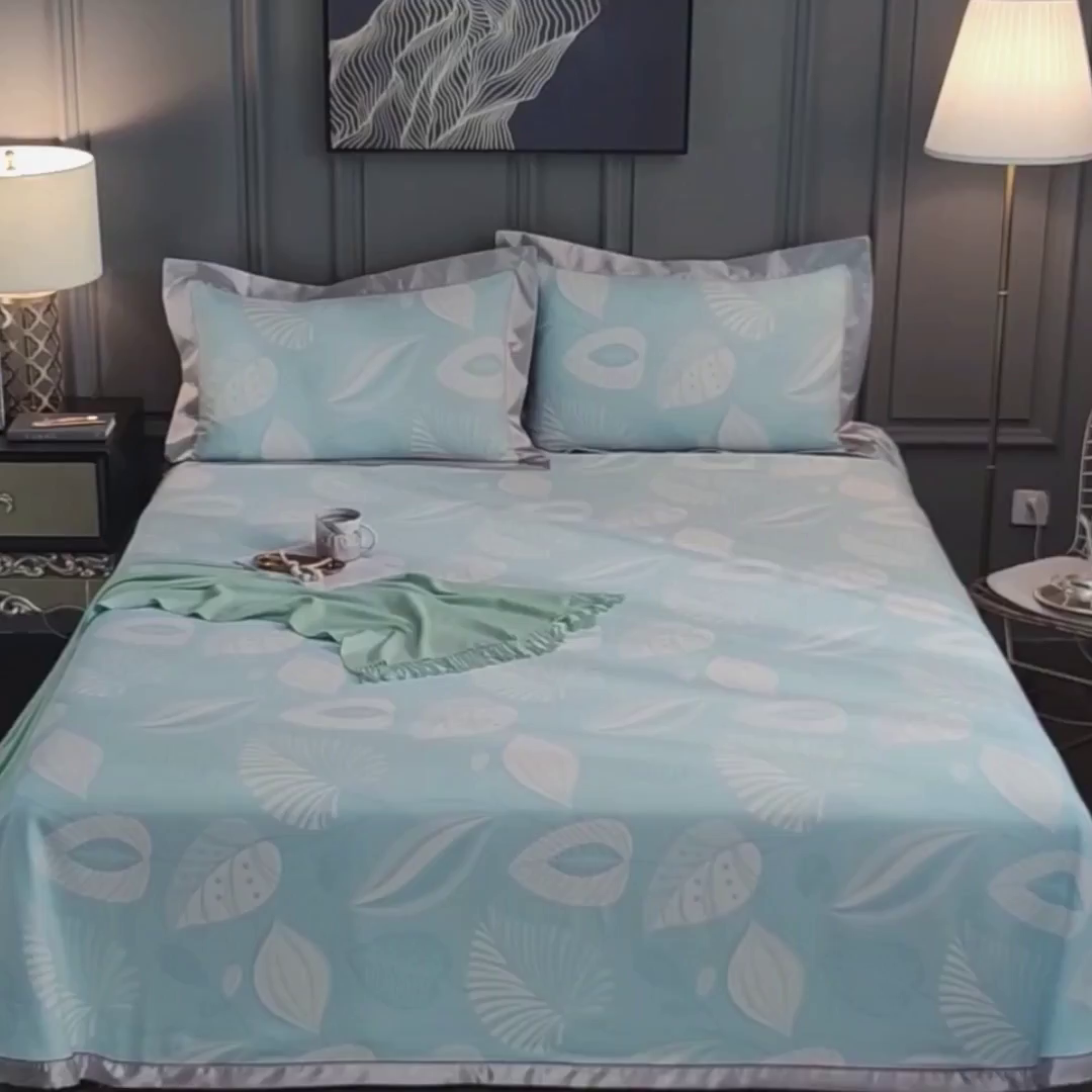 91家纺网 家纺一手货源 找家纺 威克凯丽 2025新款重磅七彩大提花纯竹纤维软凉席三件套 叶语谣香-绿