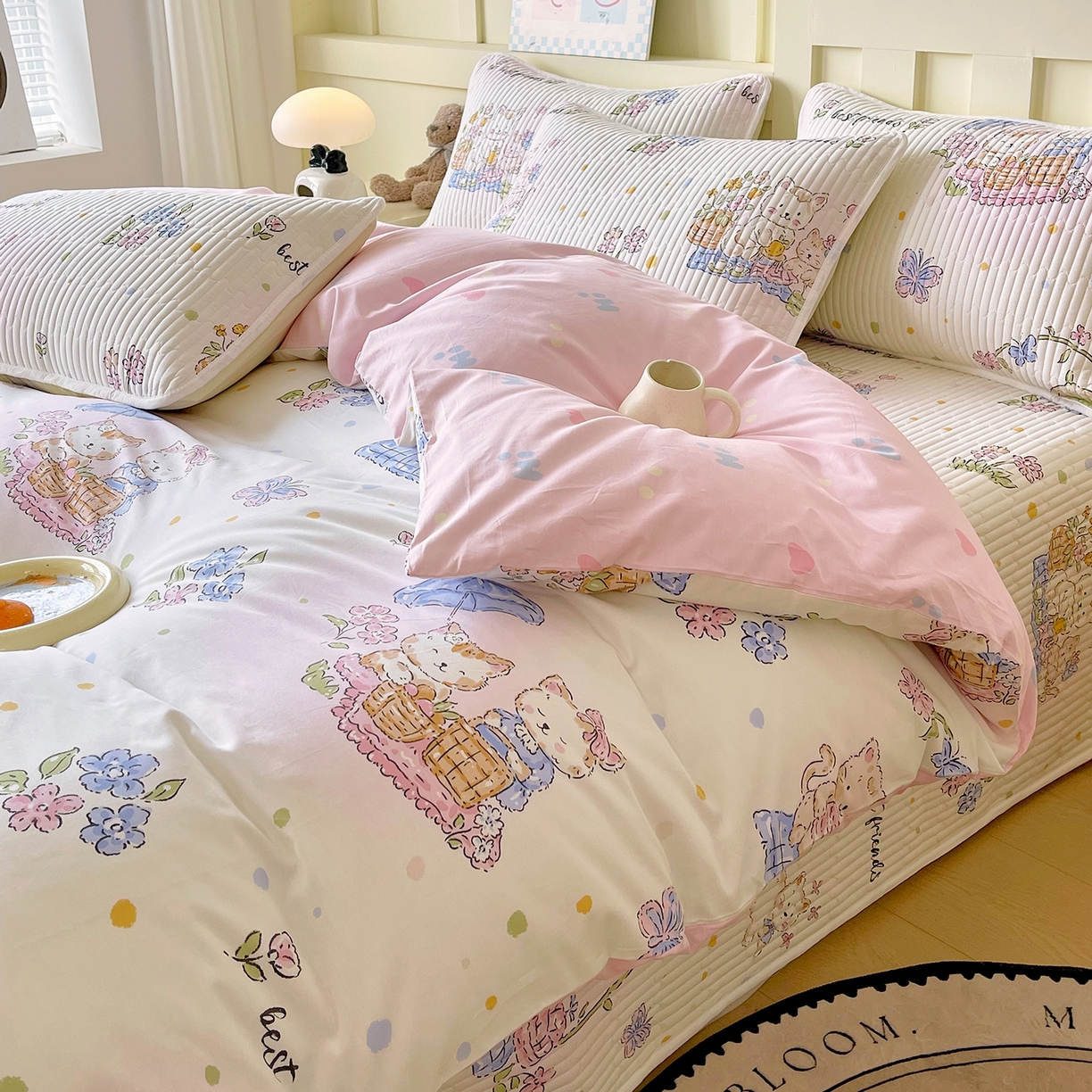 91家纺网 家纺一手货源 找家纺 金鑫汇家纺2025新款A类全棉印花床盖四件套 喵喵日记