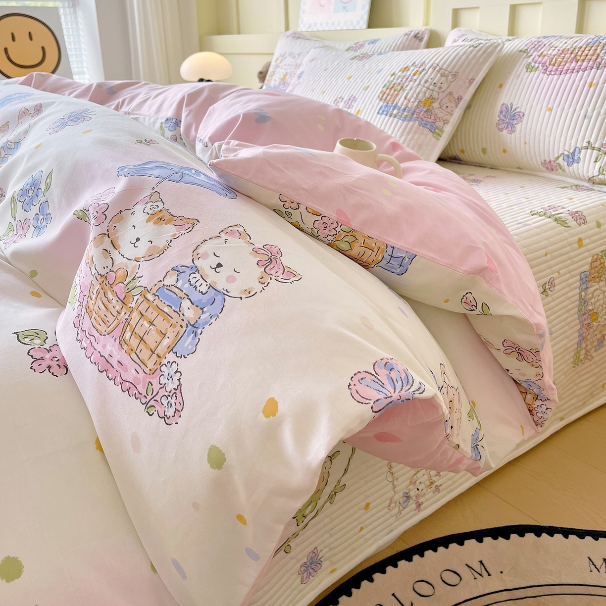 91家纺网 家纺一手货源 找家纺 金鑫汇家纺2025新款A类全棉印花床盖四件套 喵喵日记