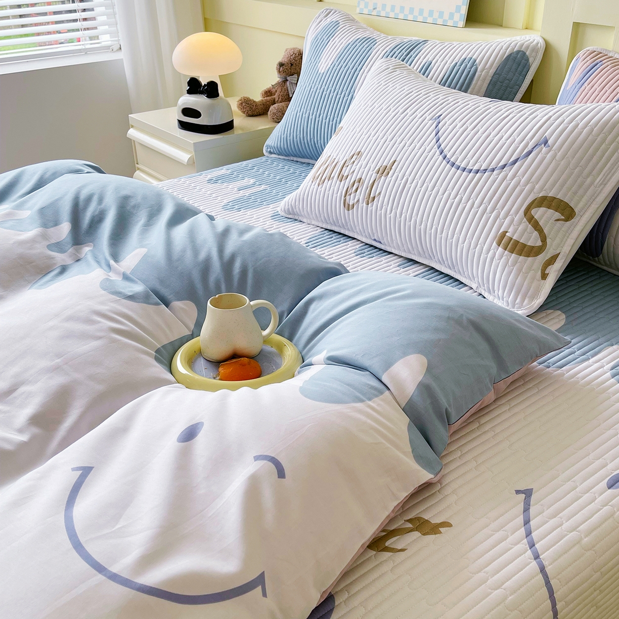 91家纺网 家纺一手货源 找家纺 金鑫汇家纺2025新款A类全棉印花床盖四件套 奶油粉