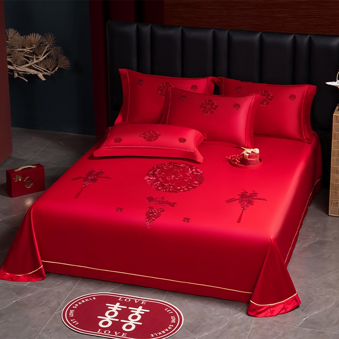 91家纺网 家纺一手货源 找家纺 千禧家纺 2024新款长绒棉绣花婚庆三件套 钟爱一生 本色