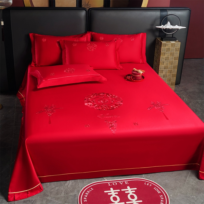 91家纺网 家纺一手货源 找家纺 千禧家纺 2024新款长绒棉绣花婚庆三件套 钟爱一生 本色