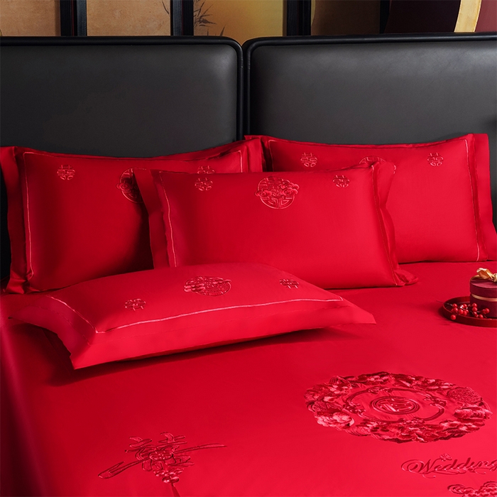 91家纺网 家纺一手货源 找家纺 千禧家纺 2024新款长绒棉绣花婚庆三件套 钟爱一生 本色