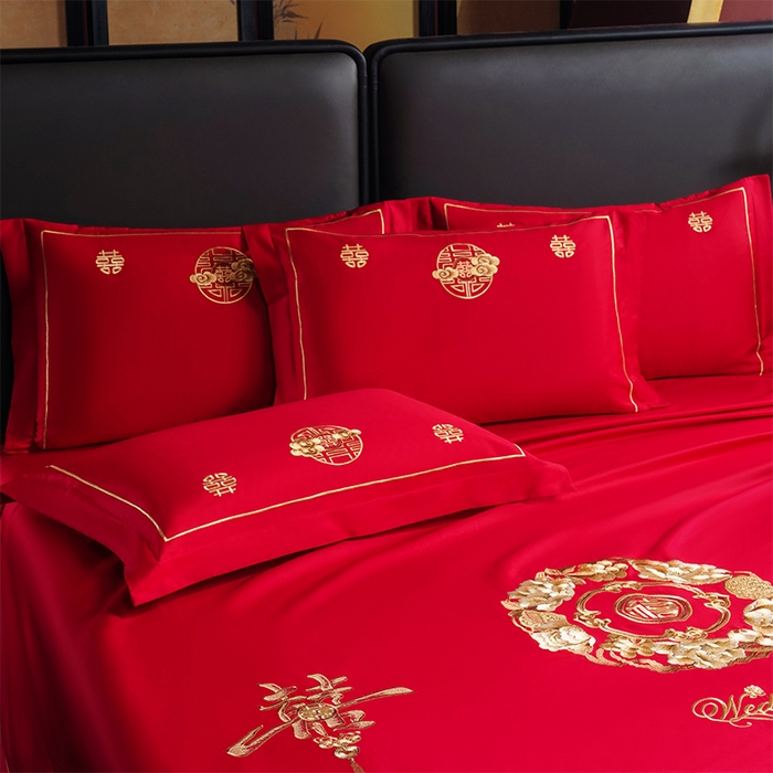 91家纺网 家纺一手货源 找家纺 千禧家纺 2024新款长绒棉绣花婚庆三件套 钟爱一生