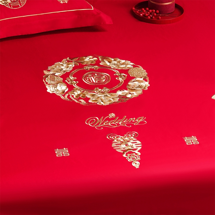 91家纺网 家纺一手货源 找家纺 千禧家纺 2024新款长绒棉绣花婚庆三件套 钟爱一生